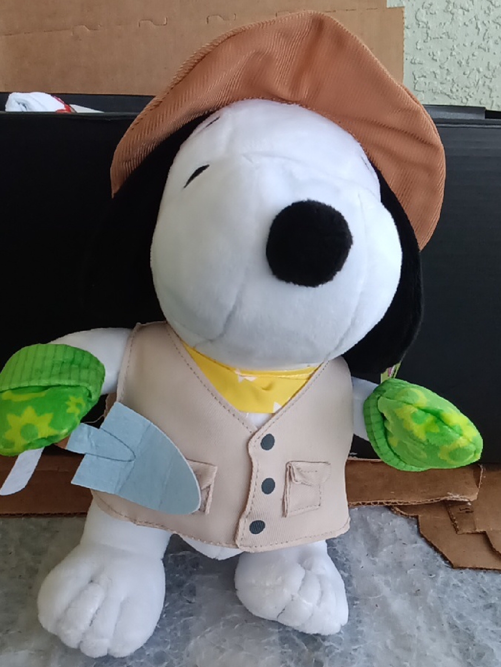 Snoopy Plush with Tan Vest, Brown Hat & Green Mittens